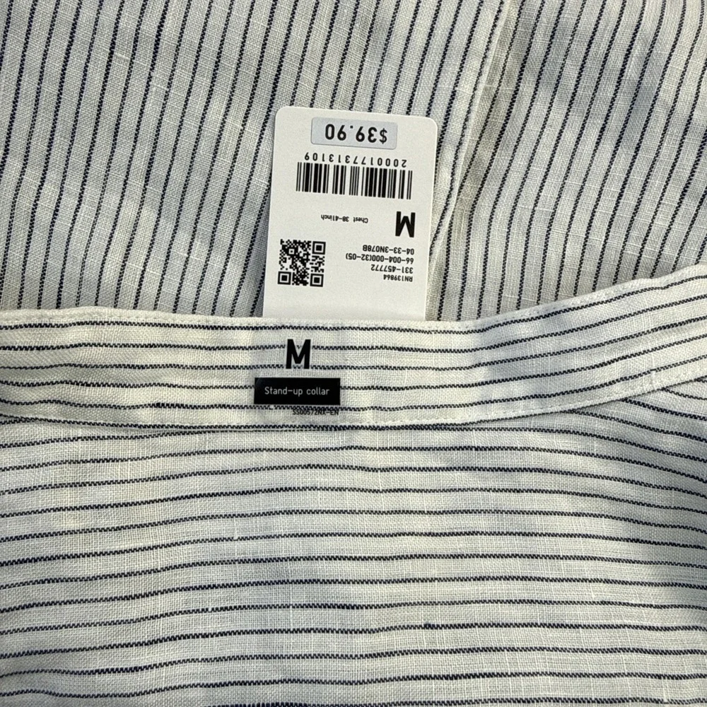 NWT Uniqlo premium linen standup collar shirt White Blue Stripes Medium Preppy - Picture 2 of 11
